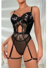 Kadın Siyah Transparan Çiçek Desenli Fantezi Babydoll - 8413B