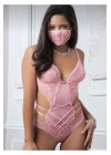 Pembe Dantel İşlemeli Maskeli Bodysuit
