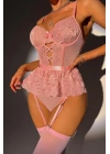 Kadın Pembe Dantel Desenli Büstiyerli Jartiyer Takım - 8412PNK