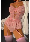 Kadın Pembe Dantel Desenli Büstiyerli Jartiyer Takım - 8412PNK