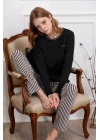 Kadın Siyah Çizgili Bisiklet Yaka Kısa Kol %100 Pamuklu Pijama Takımı Q9.PKI.8RK77