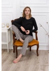 Kadın Siyah Çizgili Bisiklet Yaka Kısa Kol %100 Pamuklu Pijama Takımı Q9.PKI.8RK77