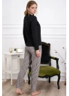 Kadın Siyah Çizgili Bisiklet Yaka Kısa Kol %100 Pamuklu Pijama Takımı Q9.PKI.8RK77