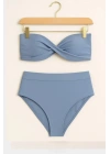 Mavi Dolgulu Straplez Yüksek Bel Bikini Takım 246106