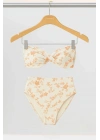 Kadın Flower Dolgulu Straplez Yüksek Bel Bikini Takım