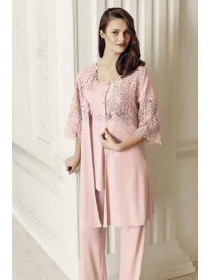 Kadın Pudra 3lü Sabahlık Pijama Takım-6305-2