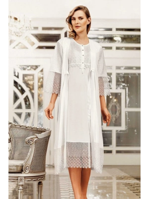 Kadın Ekru Dantelli Penye Gecelik Sabahlık Takımı 6406