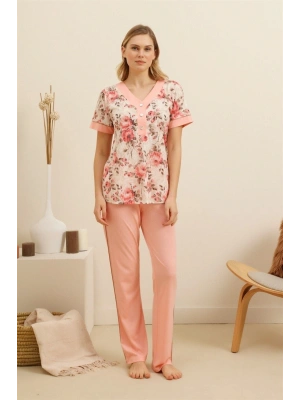 Kadın Bej Desenli Pijama Takım 21aqu0021693