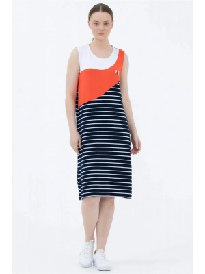 Kalın Askılı Çizgili Elbise - Lacivert
