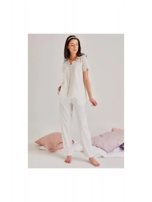 19108 Kendinden Brode Desenli Pijama Takım - Ekru