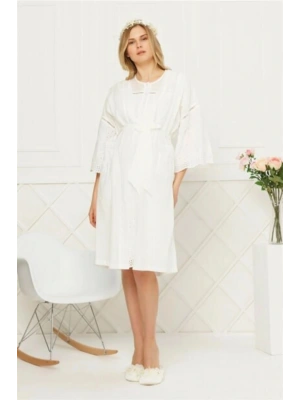 Kadın Ekru Lohusa Pamuklu Gecelik Sabahlık Takım