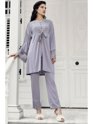 Kadın Lavanta 3lü Sabahlık Pijama Takım