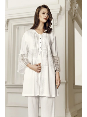 Kadın Ekru 3lü Sabahlık Pijama Takım-6304-1