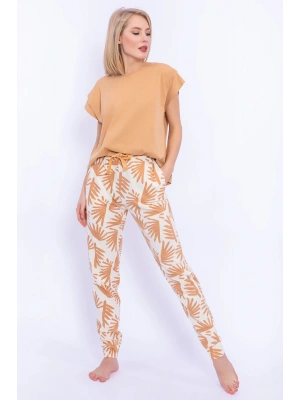 Yaprak Desenli Camel Kadın Slim Fit Takım