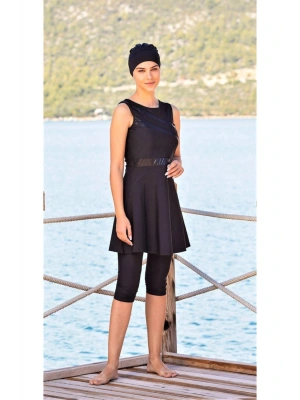Kalın Askılı Kapri Taytlı Havuz Mayo Siyah