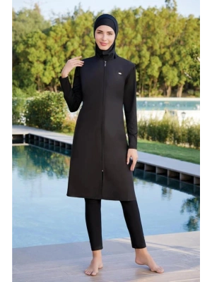 Kadın Siyah Tasarım Likralı Tam Kapalı Tesettür Mayo 1250