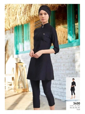 3400-siyah Diresk Kol Fermar Detaylı Yarı Kapalı Battal Tesettür Mayo