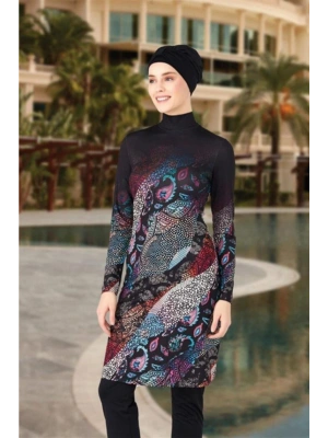 0483 Siyah Dijital Desenli Lycralı Tesettür Mayo