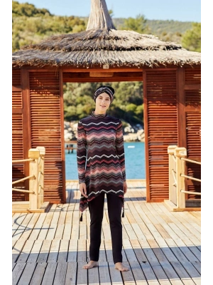 Çizgi Desenli Siyah Tesettür Mayo