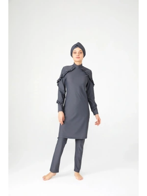 Fırfır Tasarım Likralı Tam Kapalı Tesettür Mayo Fırfır 4104 Gri