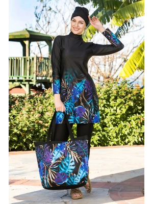 Tasarım Likralı Tam Kapalı Tesettür Mayo Yaprak Desenli 270/134 Siyah