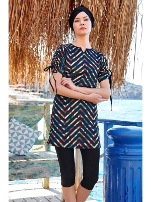 Kadın Yarı Kapalı Kısa Kol Siyah Tesettür Mayo 3410