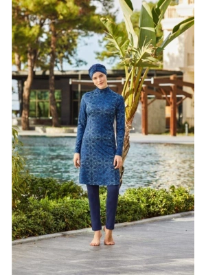 Kadın Lacivert Büyük Beden Lycralı Tesettür Mayo
