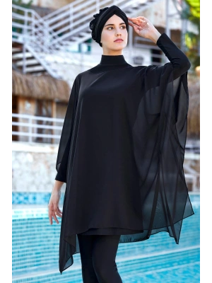 Siyah Pareo Tesettür Mayo Üzerine Tüllü 2022 Yeni Sezon