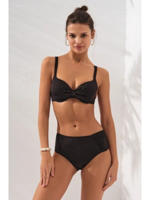 Siyah Ginger Balenli Ayarlanabilir Omuz Askılı Drape Yüksek Bel Bikini Takımı Toparlayıcı Kaplı