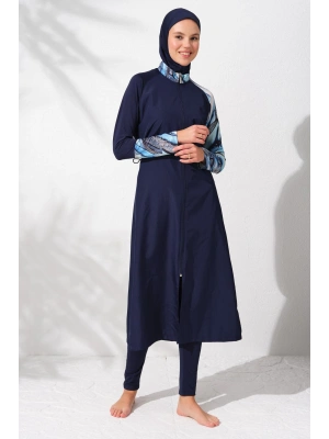 231913 Lacivert Desenli Uzunkollu Fermuarlı Tesettür Mayo Takımı