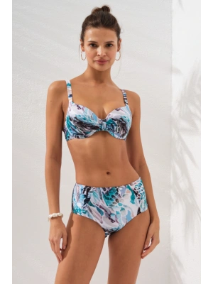 Mavi Ginger Karışık Desenli Göğüs Detaylı Toparlayıcı Bikini Takımı Yüksek Bel Balenli Askılı