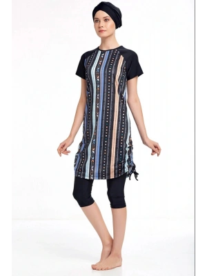 Kadın Likralı Yarı Kapalı Kısa Kollu Tesettür Mayo 3409 Siyah