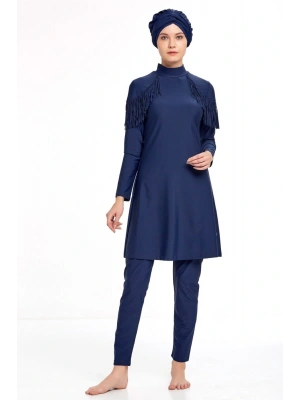 4105 Koyu Lacivert Omuz Püskül Detaylı Likralı Tam Kapalı Tesettür Mayo