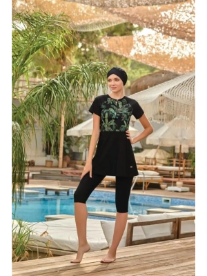 3913 Kısa Kol Yarım Fermuarlı Tasarım Tesettür Mayo