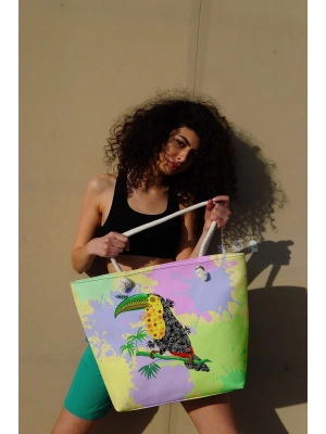 Kadın Papağan Dijital Baskılı Evalı Plaj Çantası