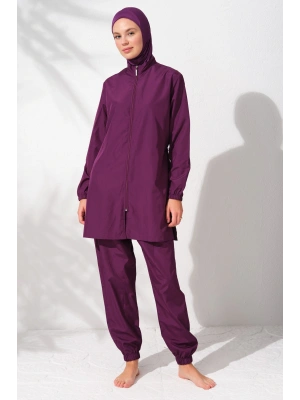 Uzunkollu Fermuarlı Paraşüt Tesettür Mayo Mor 231915