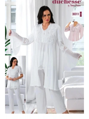 3011 Hamile Lohusa 3 Lü Pijama Sabahlık 3011-Ekru
