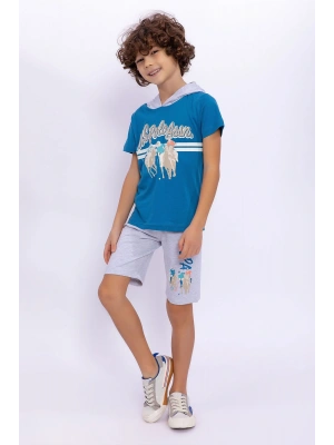 Us1021 Göğüs Amblem Detaylı Kapüşonlu Petrol Erkek Çocuk Bermuda Takım