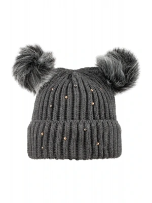 Incili Taşlı Bere Gri Kadın Standart Beden Çift Ponponlu