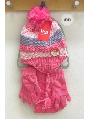 Kız Çocuk Renkli Şeritli Bere Atkı Eldiven Seti K22170-08 Fuşya