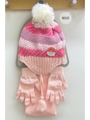 Kız Çocuk Renkli Şeritli Bere Atkı Eldiven Seti K22170-08 Pembe