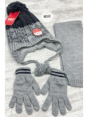 Garson Erkek Çocuk Kulaklı Bere Atkı Eldiven Seti K22170-15 Gri