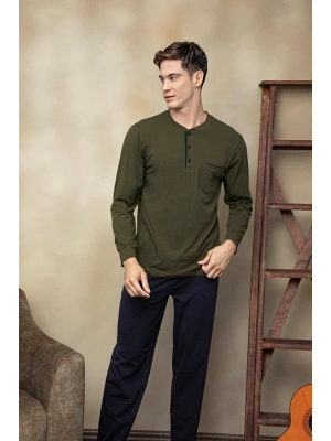 Kly Midi Yaka Kol-paça Ribana Pijama Takım-7104-haki