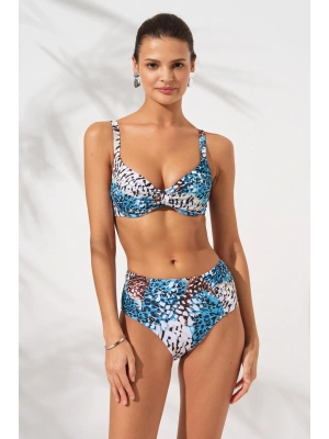 Mavi Leopar Balenli Kaplı Toparlayıcı Bikini Takımı Ayarlanabilir Askılı Yüksek Bel Drapeli Şık