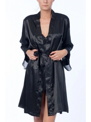 Kadın Siyah Gecelik Kimono Takım 5396