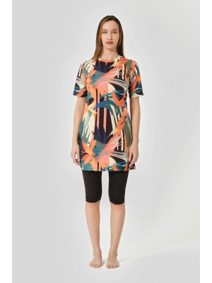 Üstü Desenli Yarım Kol Yarı Kapalı Mayo