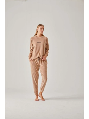 Bej Wild Taş Baskılı Kadife Kadın Pijama Takımı
