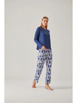 Lacivert Tişört & Lacivert Batik Viskon Kadın Pijama Takımı