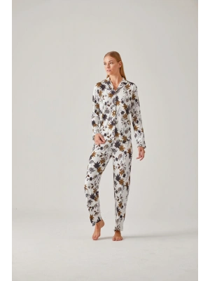 Siyah Ceviz Yeşil Çiçek Desen Önden Düğmeli Viskon Kadın Pijama Takımı