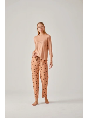 Somon Baskılı Tişört Puantiye Pantolon Viskon Kadın Pijama Takımı